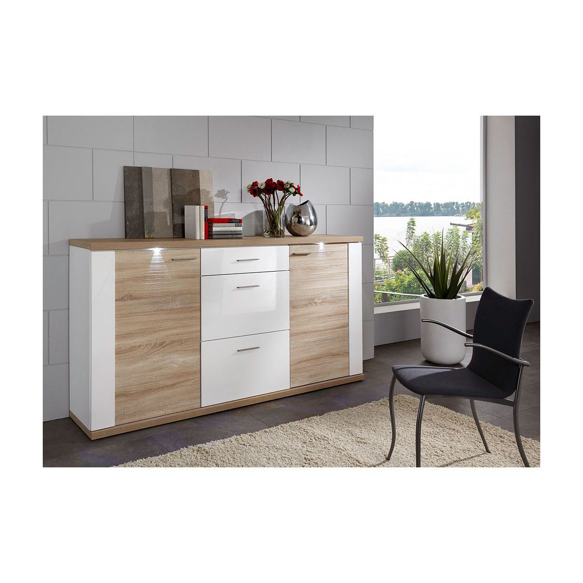 Anzani Kommode MANHATTAN Eiche sägerau/Weiß Hochglanz ca. 193 x 107 x