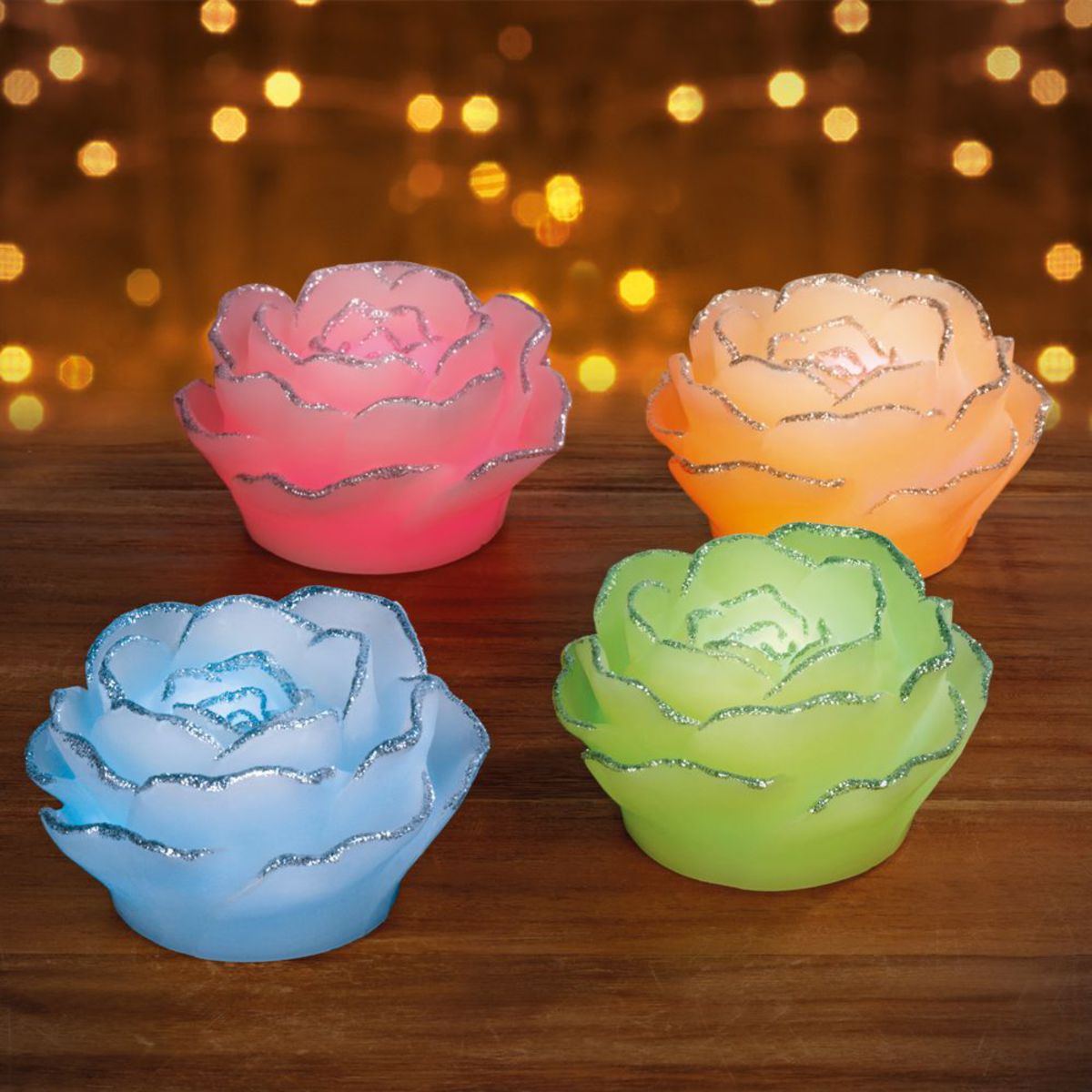 EASYmaxx LED-Echtwachskerze Rosen mit Glitzerrand 4er-Set mit Timer von