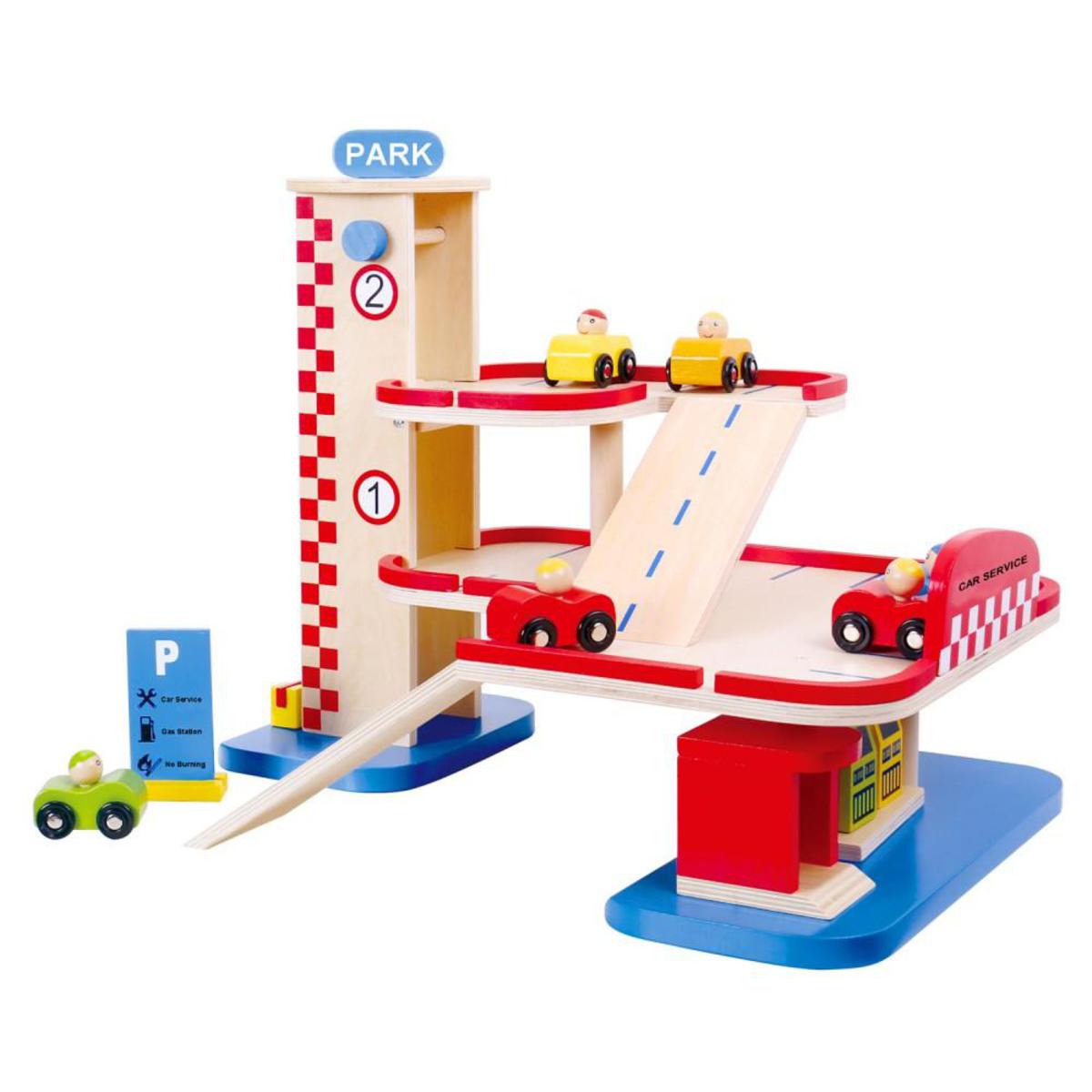 Tooky Toy mehrstöckige Spielzeug-Garage aus Holz - Optimal geeignet für