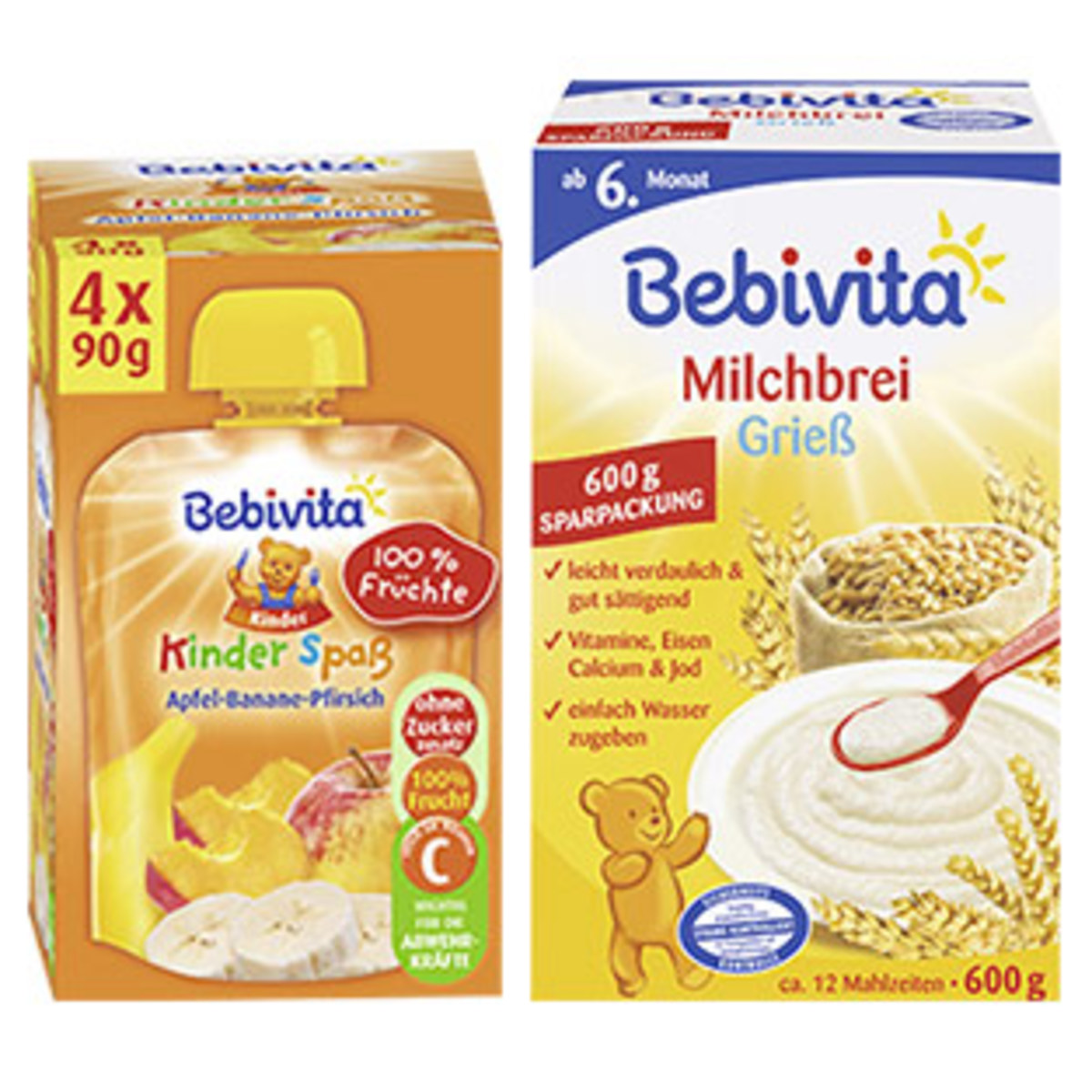 Bebivita Kinder-Spaß 4 x 90 g oder Milchbrei 600 g, versch. Sorten, jede Packung von real,- ansehen!