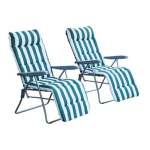 Gartenstühle mit verstellbarer Rückenlehne und Polster (Farbe: grün-weiß, Größe: 90 x 58 x 110 cm (LxBxH), bei aufrechter Sitzposition)