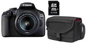 CANON Spiegelreflexkamera EOS 2000D EF-S 18-55 IS II Value Up Kit inkl. Tasche SB130 und 16GB SD-Karte (24,1 MP, 3 Zoll, WiFi kompatibel, Full HD)