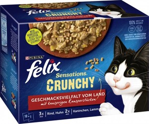 Felix Katzennassfutter Geschmacksvielfalt vom Land - Felix Sensations Crunchy
, 
10 x 85 g + 40g Felix Sensations Crunchy, 3x Rind, Huhn, 2x Kaninchen, Lamm