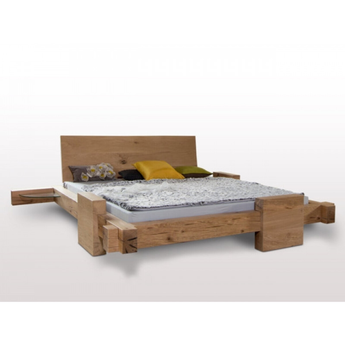 Designer Balkenbett HORNUNGSBURG, 200x200, urige Sumpfeiche geölt