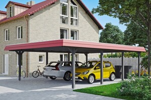 SKAN HOLZ Carport Wendland 630 x 879 cm mit EPDM-Dach, rote Blende, schiefergrau