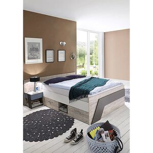 Lomadox Einzelbett »LEEDS-10«, Jugendbett Set mit Bett 140x200 cm und Nachttisch in Sandeiche Nb. mit weiß, Lava und Denim Blau