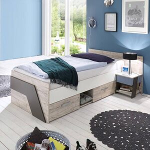 Lomadox Einzelbett »LEEDS-10«, Jugendbett Set mit Nachttisch in Sandeiche Nb. mit weiß, Lava und Denim Blau, 90x200cm