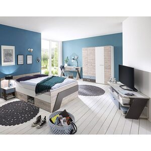 Lomadox Jugendzimmer-Set »LEEDS-10«, (Sparset, 5-tlg), mit Bett 140x200 cm 5-teilig mit Kleiderschrank in Sandeiche Nb. mit weiß, Lava und Denim Blau