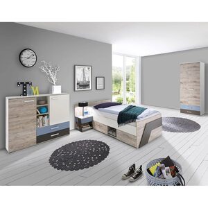 Lomadox Jugendzimmer-Set »LEEDS-10«, (Sparset, 4-tlg), mit 90x200 cm Bett, 4-teilig mit Kleiderschrank in Sandeiche Nb. mit weiß, Lava und Denim Blau