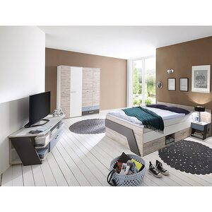 Lomadox Jugendzimmer-Set »LEEDS-10«, (Sparset, 4-tlg), mit Bett 140x200 cm 4-teilig in Sandeiche Nb. mit weiß, Lava und Denim Blau mit Lowboard