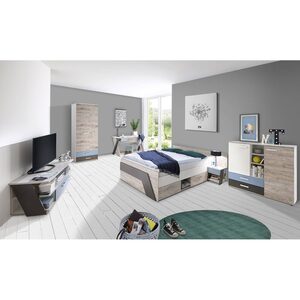 Lomadox Jugendzimmer-Set »LEEDS-10«, (Sparset, 6-tlg), Jugendzimmer Komplett Set mit Bett 140x200 cm mit Kleiderschrank in Sandeiche Nb. mit weiß, Lava und Denim Blau