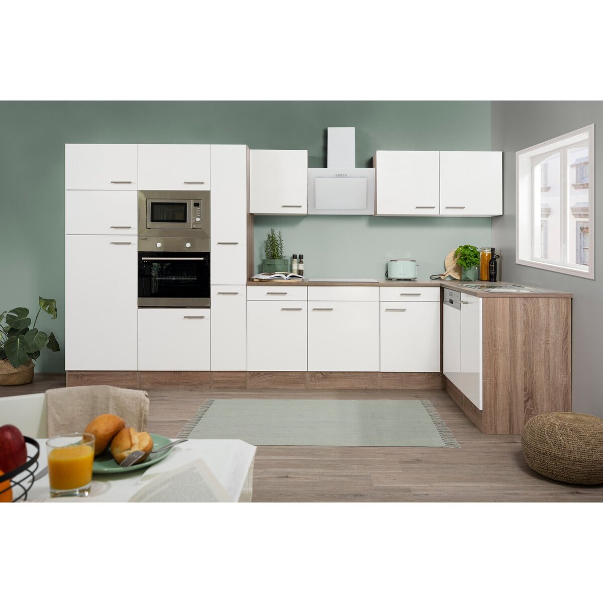 Respekta Winkelküche/LKüche KBL370EYWMISGKE 370 cm Weiß Eiche York