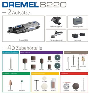 DREMEL Akku-Multifunktionswerkzeug »DREMEL® 8220-2/45«, 12 V, 2 Vorsatzgeräte, 45x Zubehör, inkl. 12V Akku und Ladegerät
