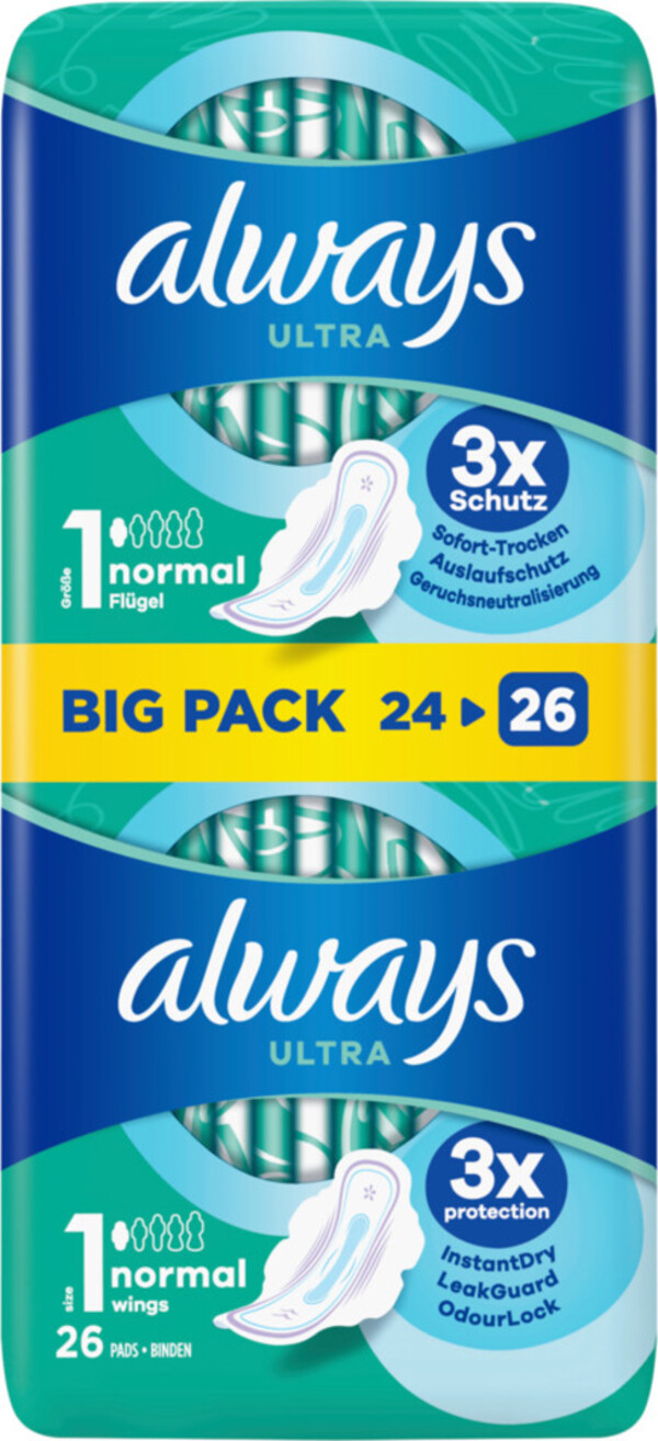 Always Ultra Normal mit Flügeln Damenbinden BigPack 26ST von Edeka24 für 3,79 € ansehen!
