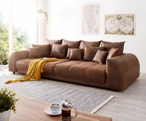 Big-Sofa Violetta 310x135 cm Braun Antik Optik mit Kissen