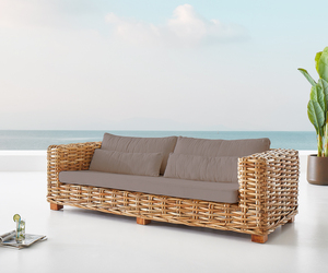 Lounge-Sofa Nizza Rattan Natur mit braunen Kissen 2-Sitzer
