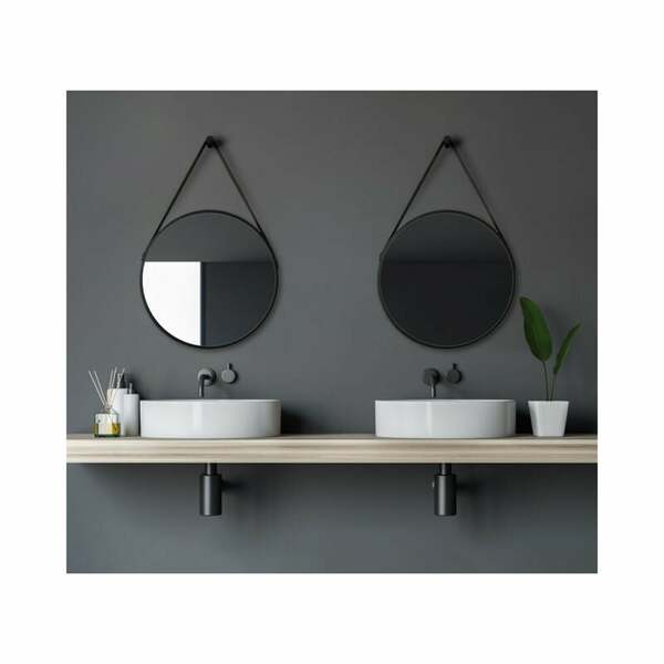 Bild 1 von Black Vogue Badspiegel, Dekospiegel, rund, Ø 50 cm - Badezimmerspiegel - matt schwarz - Aufhängband in Lederoptik - Talos