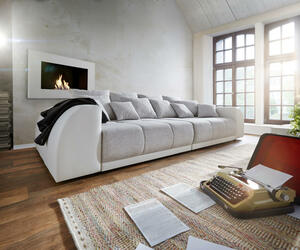 Big-Sofa Violetta 310x135 Creme Hellgrau mit 12 Kissen