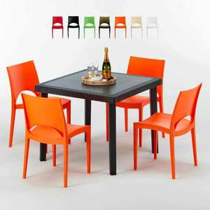 Grand Soleil - Schwarz Quadratisch Tisch und 4 Stühle Farbiges Polypropylen-Außenmastenset Paris Passion | Orange