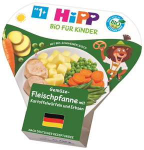 Hipp Bio Kinder Teller Gemüse-Fleischpfanne mit Kartoffelwürfeln und Erbsen mit Bio-Schweinefleisch 1-3 Jahre 250 g