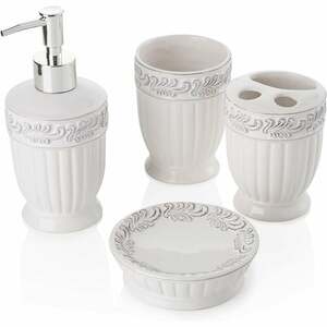 Baroni Home - Badezimmer aus Keramik, Enthält Seifenspende, Zahnputzbecher, Seifenschale und Becher - weiß, Blattmuster, 4 Stück