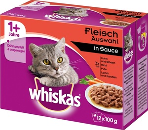 Whiskas 1+ Fleischauswahl in Sauce Katzenfutter nass Multipack 12x 100 g