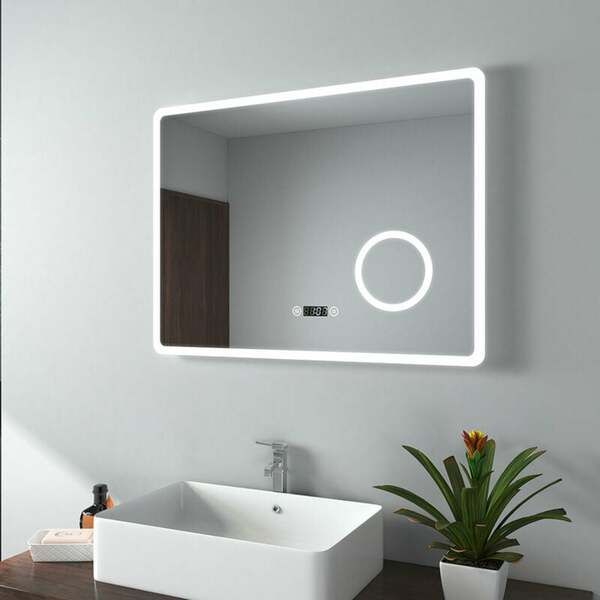 Bild 1 von Badspiegel mit Beleuchtung, Beschlagfrei Lichtspiegel Wandspiegel 90x70 cm mit Touch, Uhr, 3-fach Lupe, Kaltweiß (Modell M) - 90x70cm |