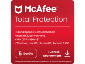 McAfee® Total Protection, Antivirus- und Internet-Sicherheitssoftware, 5 Geräte (Windows®/Mac®/Android/iOS), 1 Jahr, Download Code - [Multiplattform]