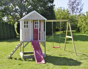 Wendi Toys Kinderspielhaus Alpaka Spielturm inkl. Veranda, Schaukel & Rutsche, 242 x 350 x 290 cm, natur rot