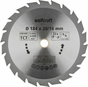 Wolfcraft Kreissägeblatt Serie grün - schnelle, feine Schnitte Ø 184 mm, Bohrung Ø 16 mm