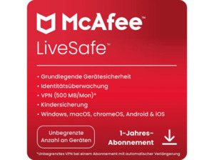 McAfee LiveSafe Attach für alle Geräte in einem Haushalt, 1 Jahr, Download Code - [PC, iOS, Mac, Android]