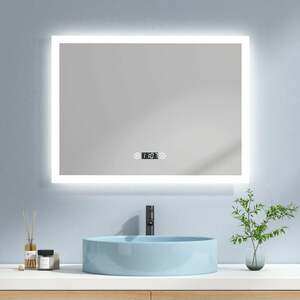 Emke - LED Badspiegel 80x60cm Badezimmerspiegel mit Kaltweißer Beleuchtung Touch-schalter Beschlagfrei und Uhr - 80x60cm | Kaltweißes Licht + Touch +