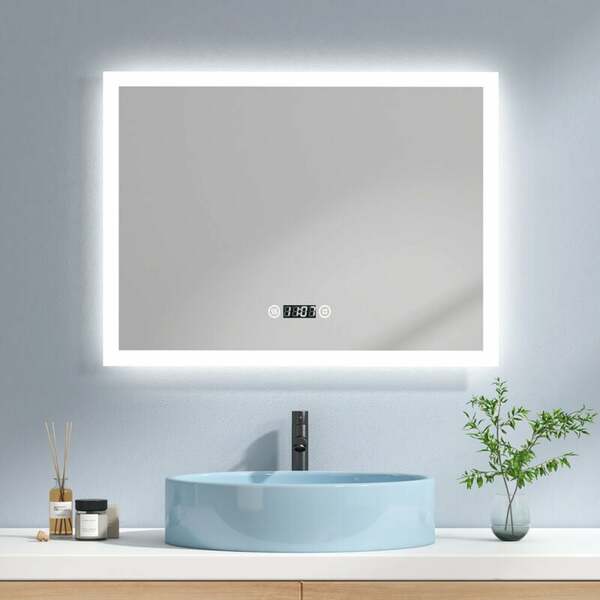 Bild 1 von Emke - LED Badspiegel 80x60cm Badezimmerspiegel mit Kaltweißer Beleuchtung Touch-schalter Beschlagfrei und Uhr - 80x60cm | Kaltweißes Licht + Touch +