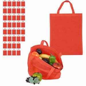Relaxdays - 40 x Stoffbeutel, unbedruckt, zum Einkaufen, kurze Henkel, große Einkaufsbeutel H x B: 49,5 x 40 cm, Stofftasche, rot