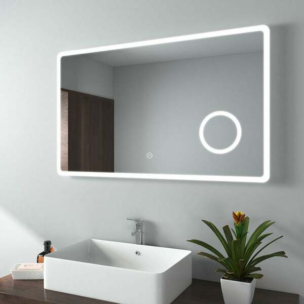 Bild 1 von Badspiegel mit Beleuchtung, Wandspiegel 100x60 cm mit Touch, 3-fach Lupe, 3 Lichtfarbe (Modell M) - 100x60cm | Touch+Lupe+Dimmbar - Emke