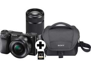 SONY Alpha 6000 Kit Systemkamera, 24.7 Megapixel, 2x opt. Zoom, Full HD, Exmor APS-C Sensor, Externer Blitzschuh, Near Field Communication, WLAN, 16-50 mm, 55-210 mm Objektiv, Autofokus, Schwarz