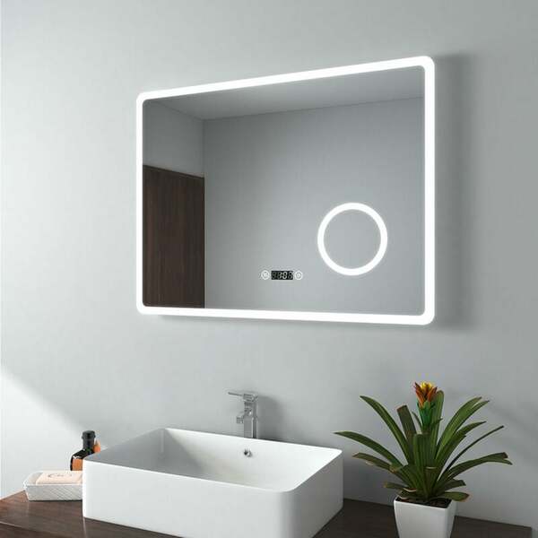 Bild 1 von Badspiegel mit Beleuchtung, Beschlagfrei Lichtspiegel Wandspiegel 80x60 cm mit Touch, Uhr, 3-fach Lupe, Kaltweiß (Modell M) - 80x60cm |