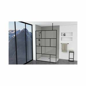 Marwell - Duschwand, schwarz 140 x 195 cm - inkl. Deckenhalterung - Begehbare Dusche - Walk-In – Duschabtrennung – Siebdruck