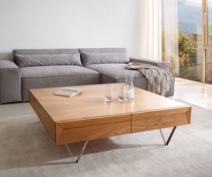 Couchtisch Kayu 115x115 cm Akazie Natur 4 Schübe V-Fuß