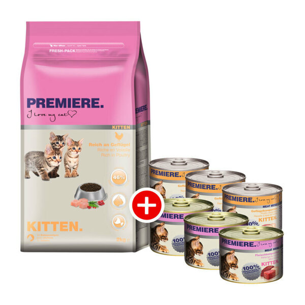 Bild 1 von PREMIERE Kitten Mischfütterung Set 2tlg. Kitten Geflügel 2kg + Kitten Meat Menu Mixpaket 6x200g