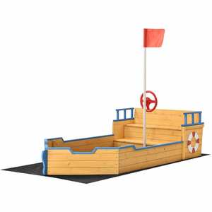 Juskys Sandkasten Käpt’n Pit mit Bodenplane & Sitzbank – Holz Piratenschiff Boot – Sandkiste Sandbox