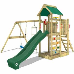 WICKEY Spielhaus Spielturm MultiFlyer mit Schaukel & grüner Rutsche, Kletterturm mit Sandkasten, Leiter & Spiel-Zubehör