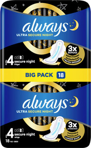 Always Ultra Secure Night mit Flügeln Damenbinden Big Pack 18ST