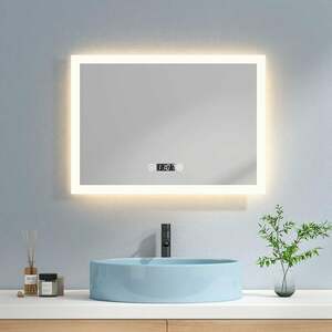 Emke - LED Badspiegel 50x70cm Badezimmerspiegel mit Warmweiß/Kaltweiß/Natürliches Licht Beleuchtung Touch-schalter Beschlagfrei und Uhr - 50x70cm | 3