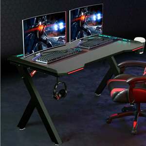 Gaming Tisch 120cm Gamer Computertisch mit RGB LED Beleuchtung, Ergonomischer Schreibtisch PC Tisch mit Kopfhörerhalter Getränkehalter