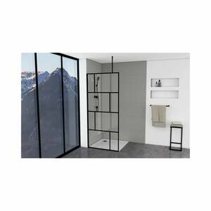 Marwell - Duschwand, schwarz 90 x 195 cm - inkl. Deckenhalterung - Begehbare Dusche - Walk-In – Duschabtrennung – Siebdruck