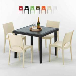 Grand Soleil - Schwarz Quadratisch Tisch und 4 Stühle Farbiges Polypropylen-Außenmastenset Paris Passion | Beige