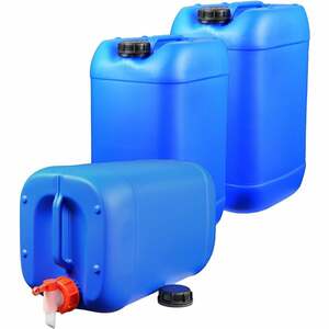 Plasteo - 3x 25 Liter Getränke- Wasserkanister mit 1 Hahn und 3 Schraubdeckel (DIN 61) | Lebensmittelecht | BPA Frei | Tragbar | Indoor und Outdoor |