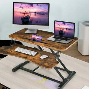 Sit-Stand Workstation, Hoehenverstellbarer Schreibtischaufsatz, ergonomischer Sitz-Steh-Schreibtisch aus Metallgestellund Spannplatte, Gasdruckfeder,