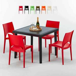 Grand Soleil - Schwarz Quadratisch Tisch und 4 Stühle Farbiges Polypropylen-Außenmastenset Paris Passion | Rot